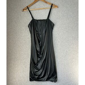 Poleci Mini Slip Dress Satin Black Wet Look Draped Slinky Going Out Womens Sz XS